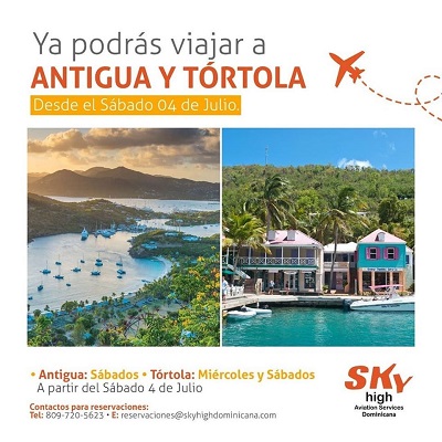 Aerolínea dominicana Sky High Aviation programa vuelos a Antigua y Tórtola desde el 04 de julio