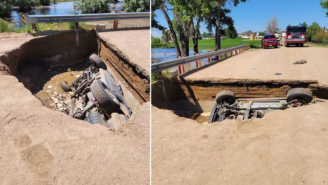 Juega con un dron y salva a dos personas atrapadas en un coche volcado dentro de un sumidero