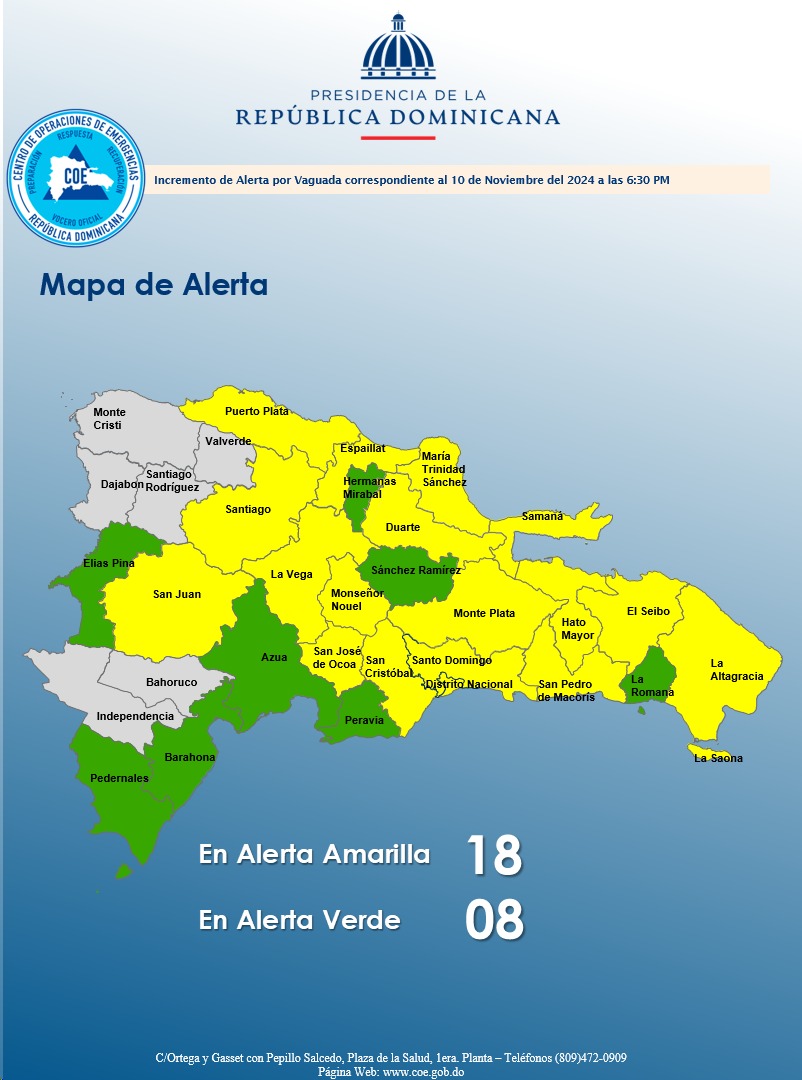 18 provincias en alerta amarilla y ocho en verde por incidencia de vaguada y onda tropical