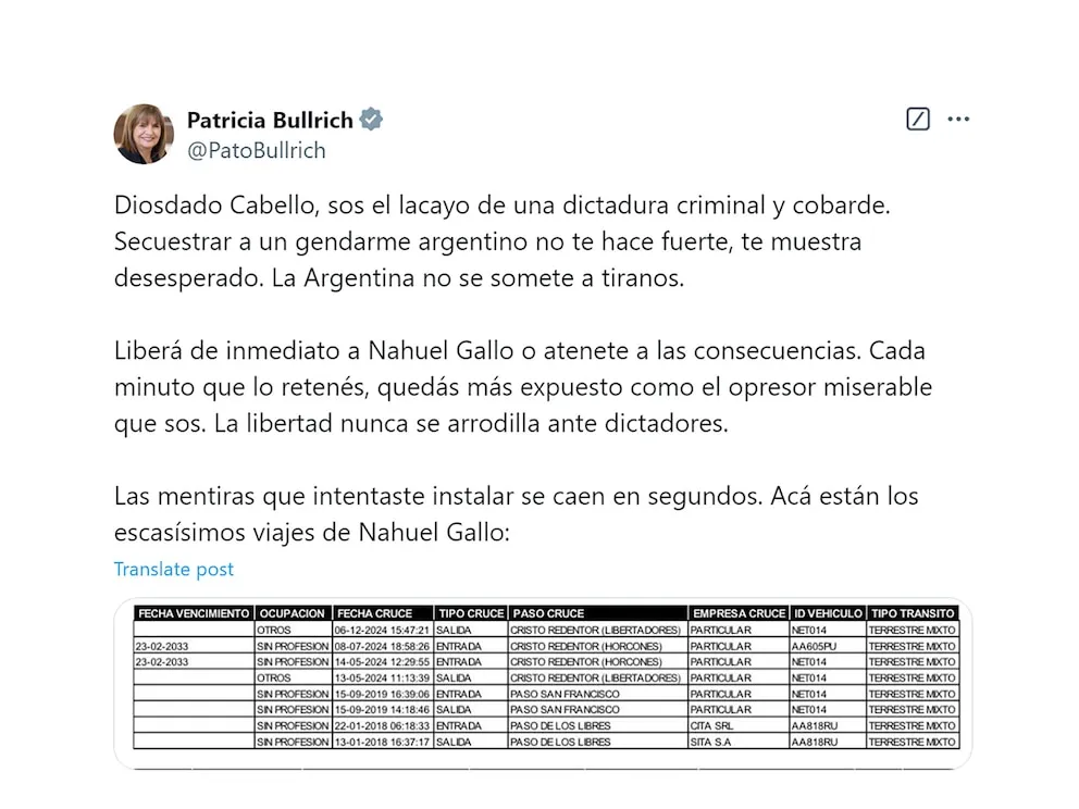 El Gobierno desmintió a Diosdado Cabello y mostró que el gendarme argentino secuestrado en Venezuela realizó sólo ocho viajes