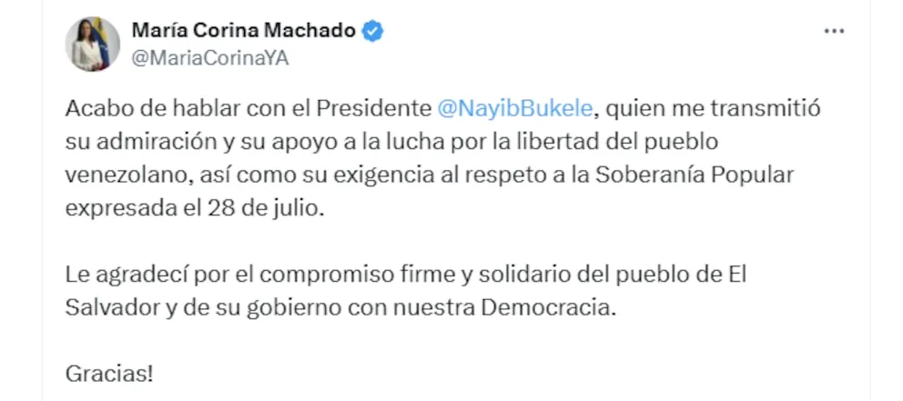 María Corina Machado agradeció el apoyo de Nayib Bukele a la lucha por la libertad en Venezuela