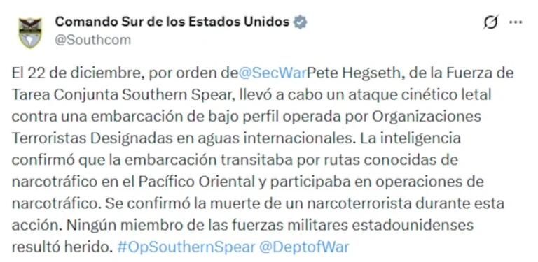 🌊 Golpe al narcotráfico: Estados Unidos destruye una embarcación de drogas en el Pacífico y abate a un traficante 🚢