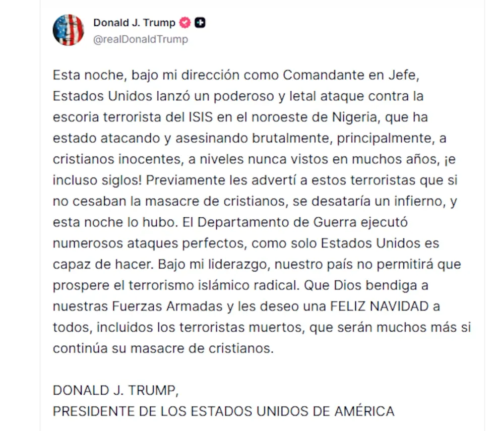 🦅 Represalia en Navidad: EE. UU. bombardea al Estado Islámico en Nigeria tras ataques contra comunidades cristianas 🇺🇸🇳🇬