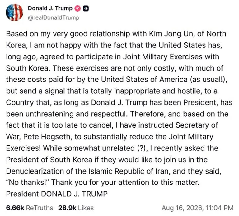 Giro en la estrategia militar: Trump ordena reducir las maniobras con Corea del Sur por su sintonía con Kim Jong Un